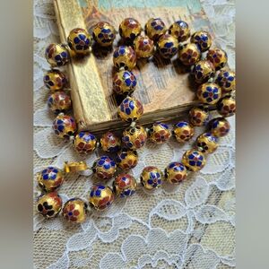 Vintage Cloisonne Gold and Blue Enamel Beaded Necklace
